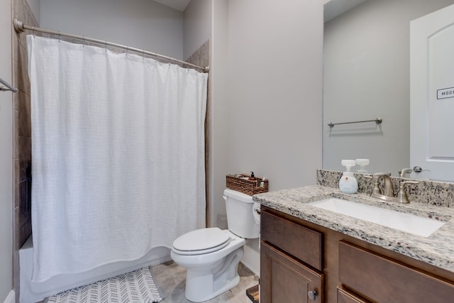 full bathroom featuring vanity, shower / bath combo with shower curtain, toilet, and tile patterned flooring