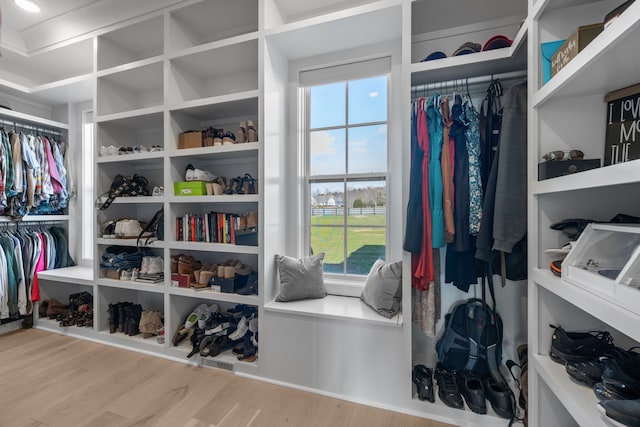 walk in closet with hardwood / wood-style floors