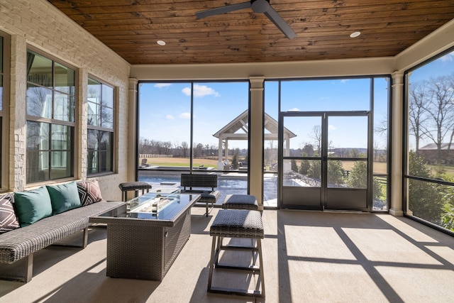 sunroom / solarium featuring wooden ceiling and plenty of natural light