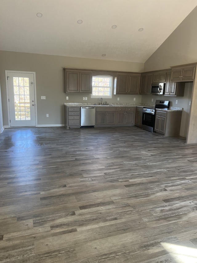 kitchen featuring dark hardwood / wood-style floors, a healthy amount of sunlight, sink, and appliances with stainless steel finishes