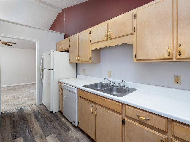 kitchen with sink, dishwasher, a textured ceiling, dark hardwood / wood-style flooring, and vaulted ceiling