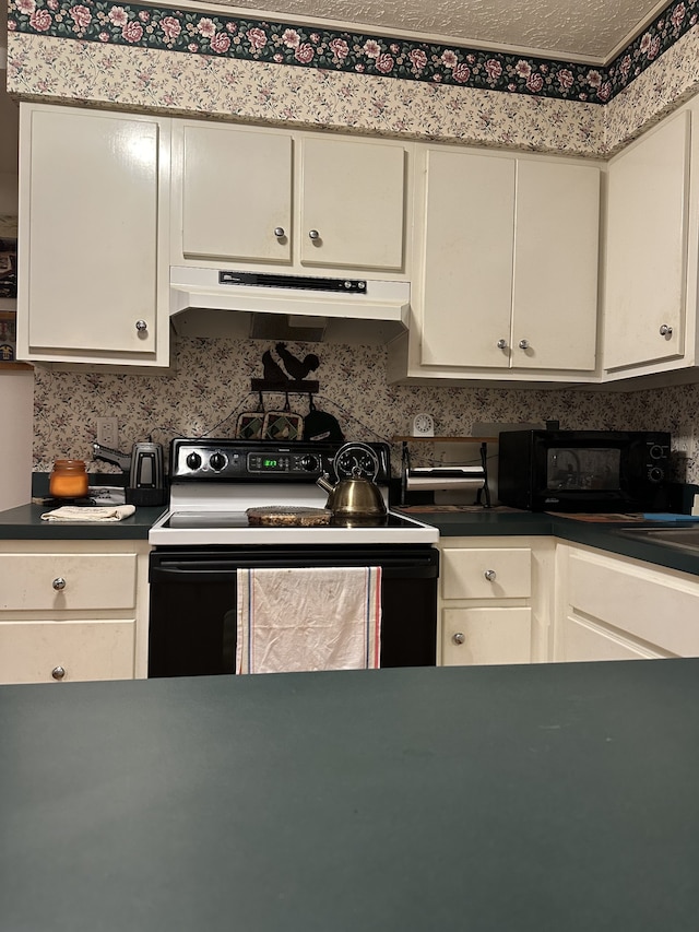 kitchen with white cabinetry, a textured ceiling, and range with electric stovetop