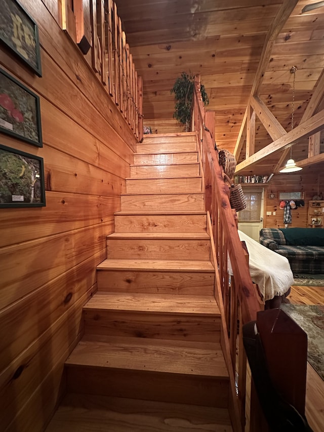 stairway with wooden walls and wood ceiling