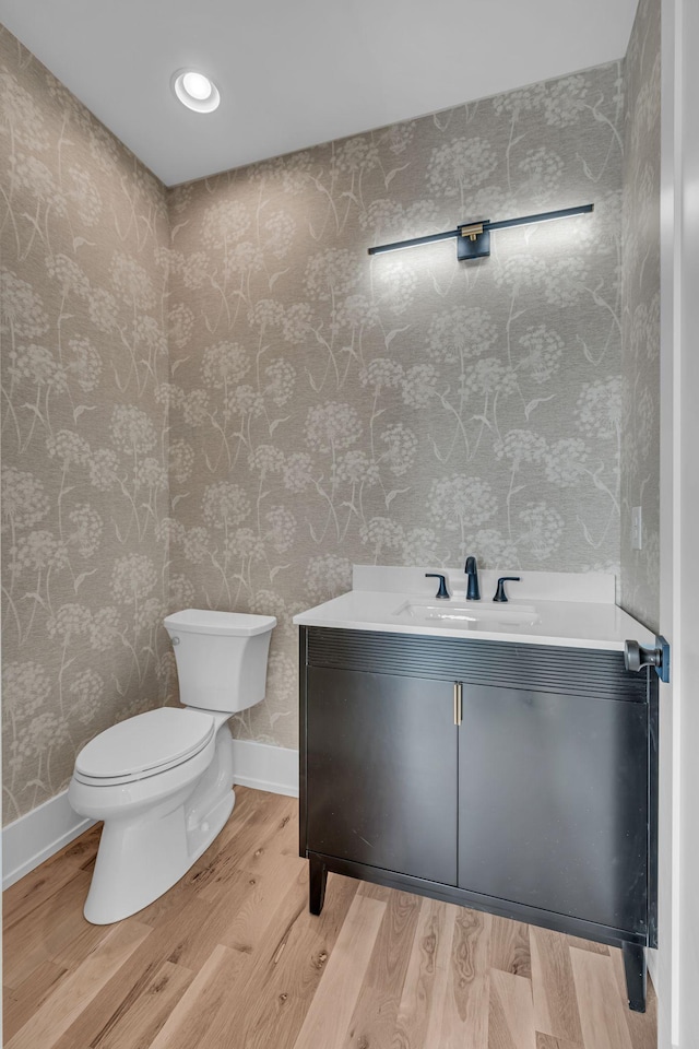 bathroom featuring vanity, wood-type flooring, and toilet