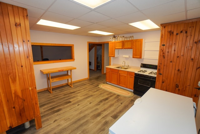 kitchen with white range with gas stovetop, sink, hardwood / wood-style floors, and a drop ceiling