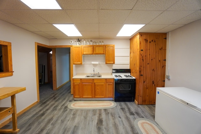 kitchen featuring a paneled ceiling, hardwood / wood-style flooring, gas range, white fridge, and sink