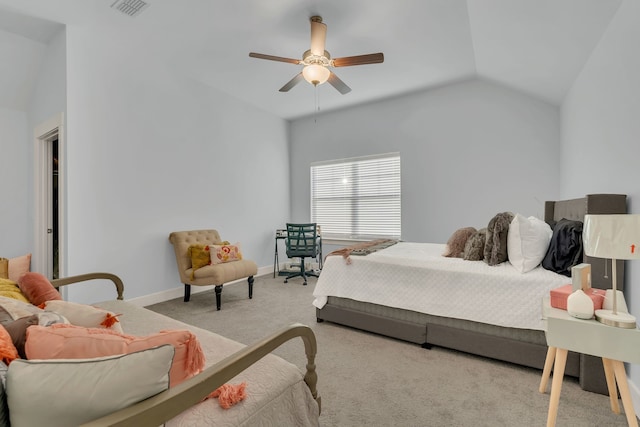 bedroom featuring carpet floors, ceiling fan, and lofted ceiling