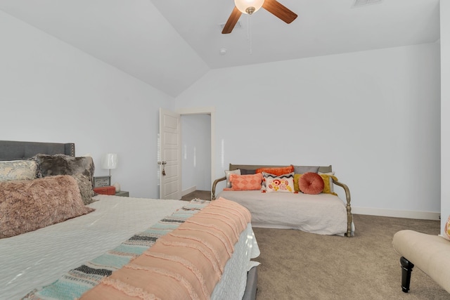 bedroom featuring carpet, vaulted ceiling, and ceiling fan