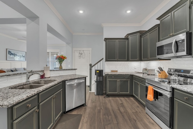 kitchen with ornamental molding, sink, appliances with stainless steel finishes, and dark wood-type flooring