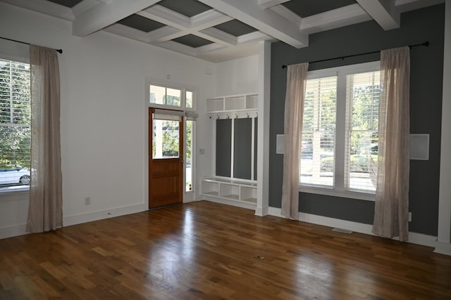 foyer featuring dark hardwood / wood-style flooring, beam ceiling, and coffered ceiling