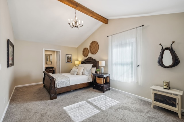 carpeted bedroom featuring vaulted ceiling with beams and a notable chandelier