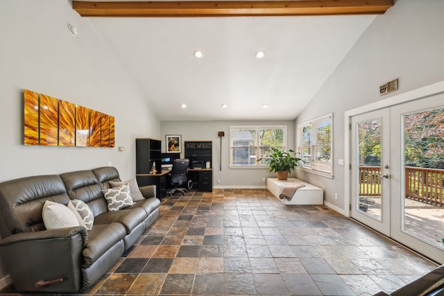 living room with high vaulted ceiling, french doors, and beamed ceiling