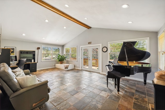 living room with french doors and vaulted ceiling with beams