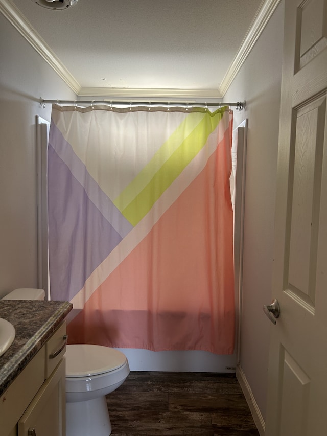 full bathroom with wood-type flooring, shower / bath combination with curtain, toilet, vanity, and ornamental molding