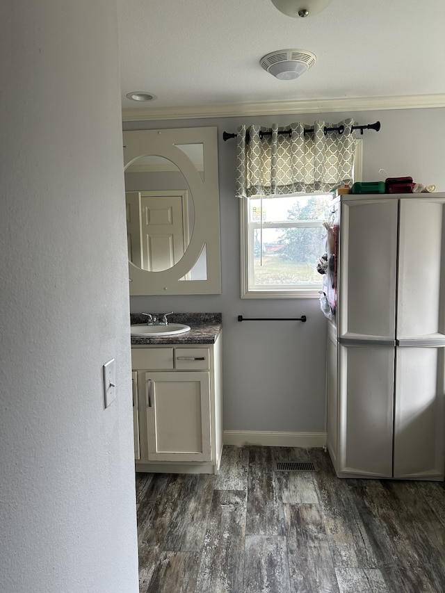 bathroom featuring vanity, hardwood / wood-style flooring, and ornamental molding