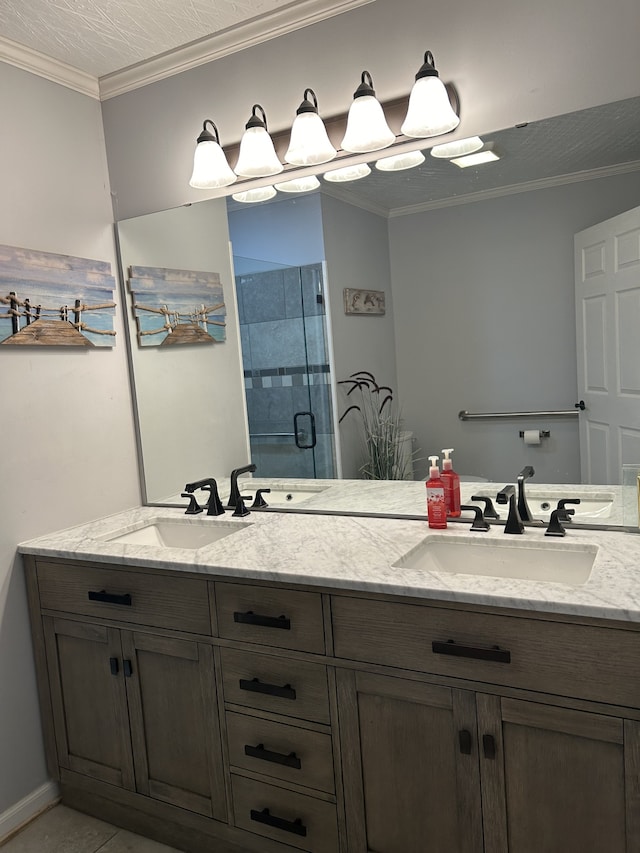 bathroom featuring vanity, ornamental molding, and walk in shower