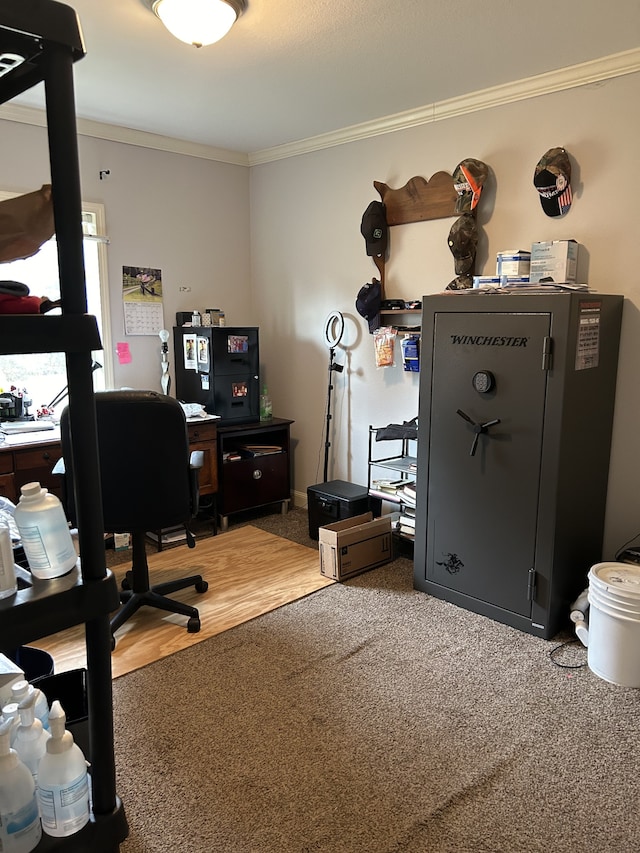 carpeted home office with crown molding