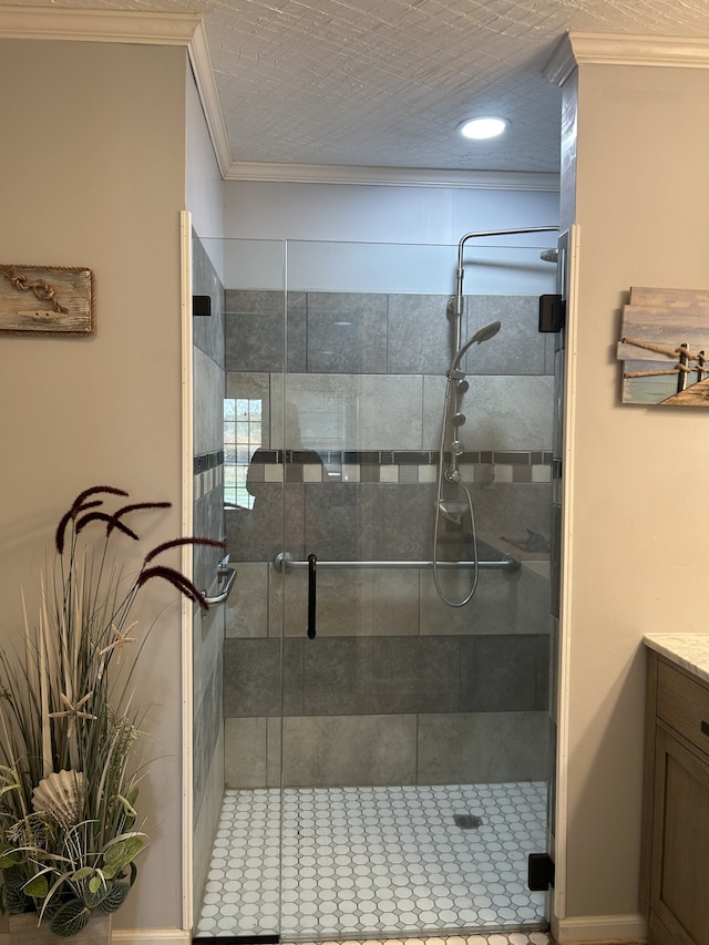 bathroom featuring vanity, crown molding, tile patterned flooring, and a shower with door