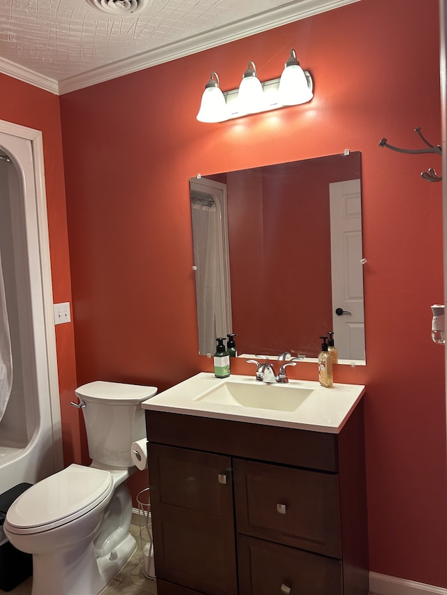 full bathroom featuring vanity, toilet, ornamental molding, and shower / tub combo with curtain