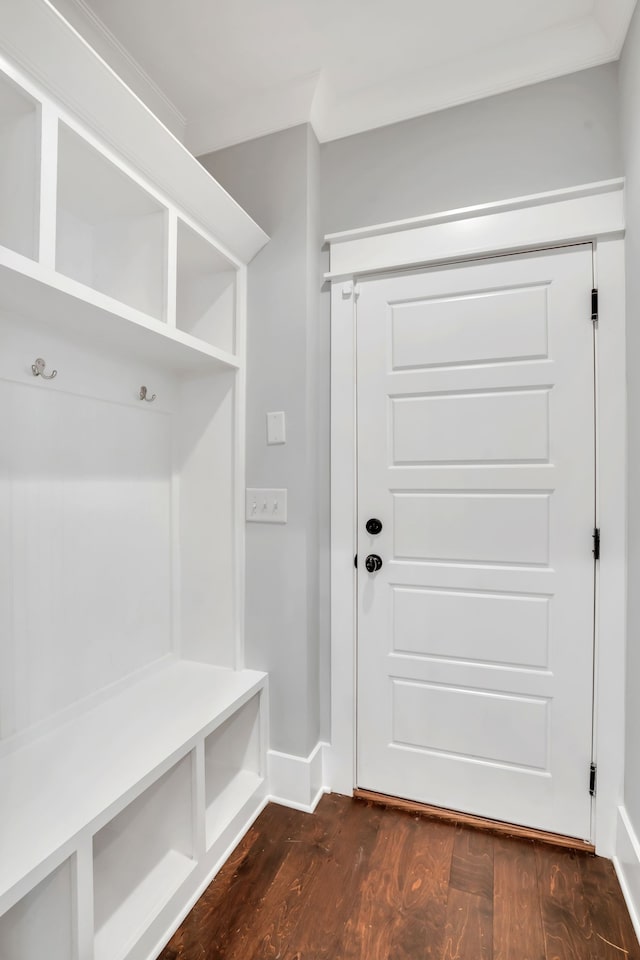 mudroom featuring dark wood-type flooring and crown molding