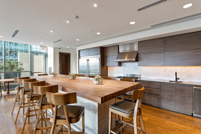 kitchen with wall chimney range hood, light hardwood / wood-style flooring, stainless steel appliances, and plenty of natural light