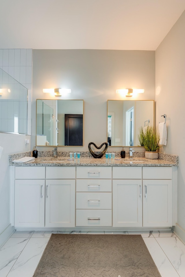 1112 Harmony Way, Nashville, TN 37207 - full bath featuring marble finish floors, double vanity, and a shower