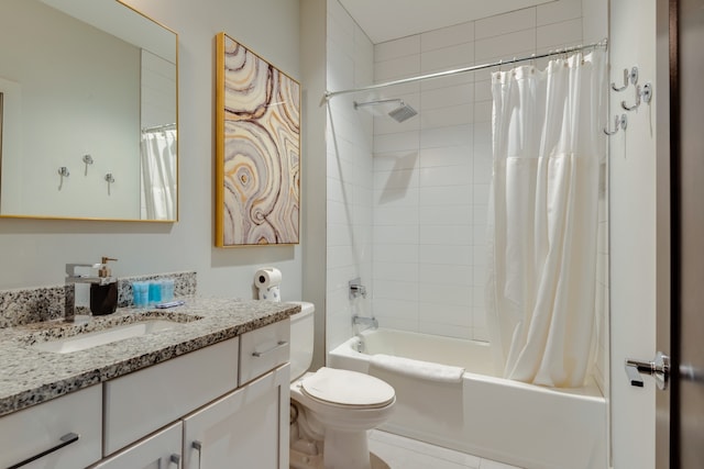 full bathroom with toilet, shower / bathtub combination with curtain, vanity, and tile patterned floors