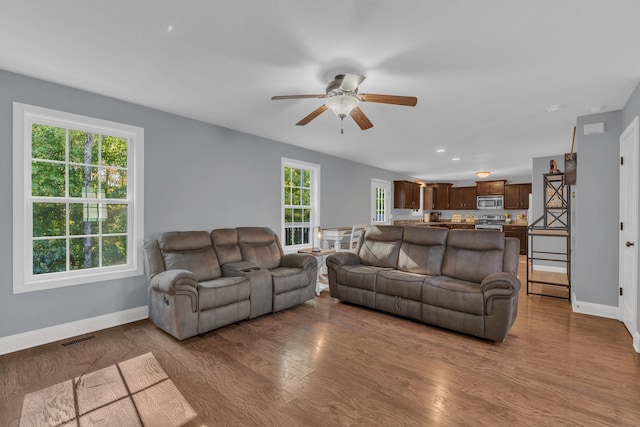 living room with ceiling fan, wood-type flooring, and a wealth of natural light