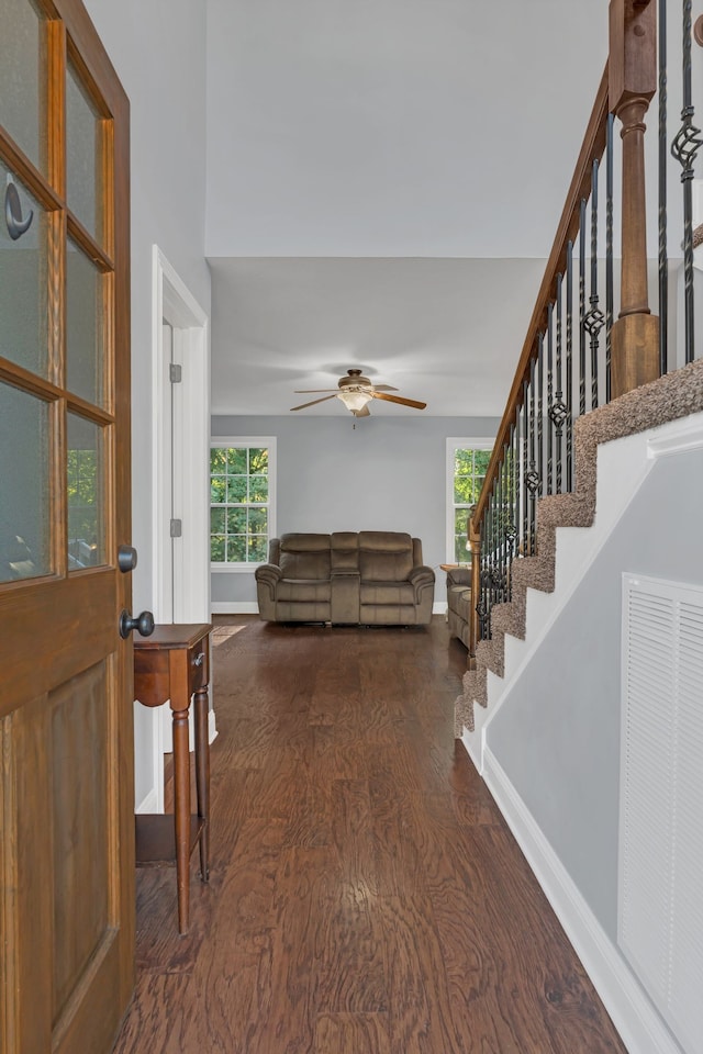 entryway featuring dark hardwood / wood-style floors and ceiling fan