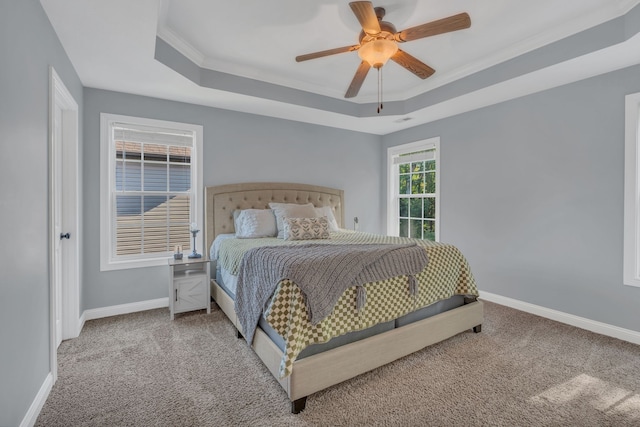 carpeted bedroom featuring ceiling fan, a raised ceiling, and crown molding