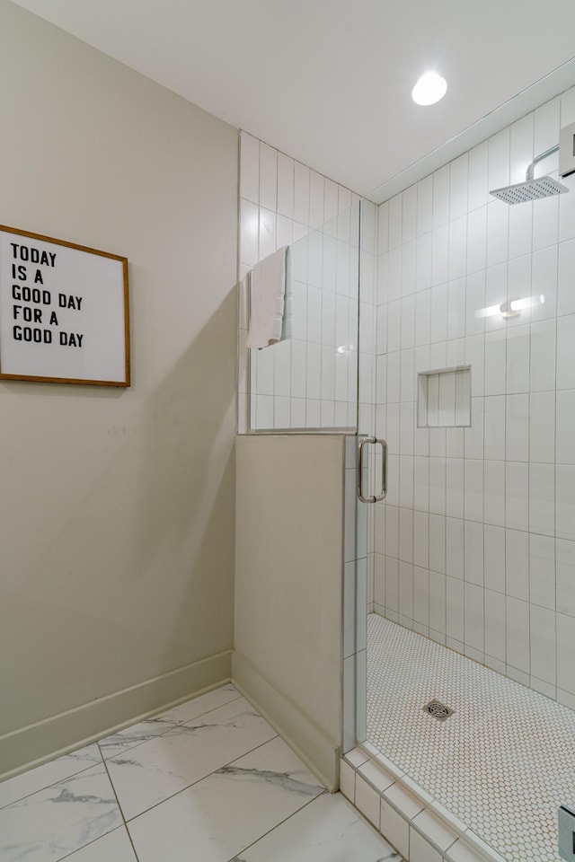 1149 Harmony Way, Nashville, TN 37207 - bathroom with a stall shower, marble finish flooring, and recessed lighting