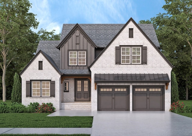 view of front of property with board and batten siding, concrete driveway, brick siding, and roof with shingles