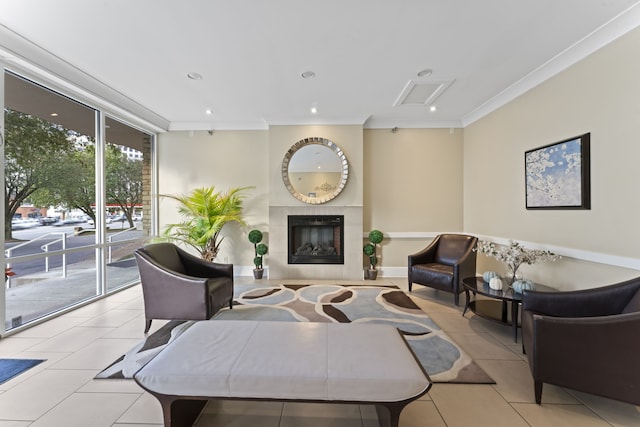 tiled living room featuring a tile fireplace and crown molding