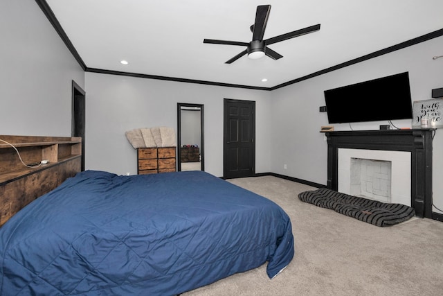 bedroom featuring ceiling fan, ornamental molding, and light colored carpet