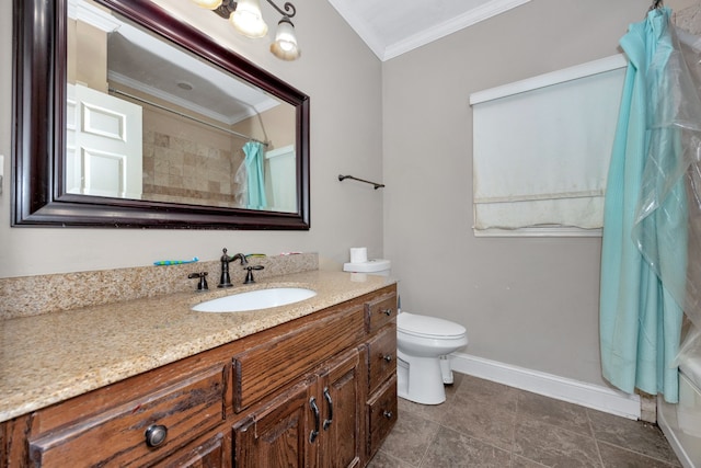 full bathroom featuring toilet, tile patterned flooring, shower / tub combo, ornamental molding, and vanity