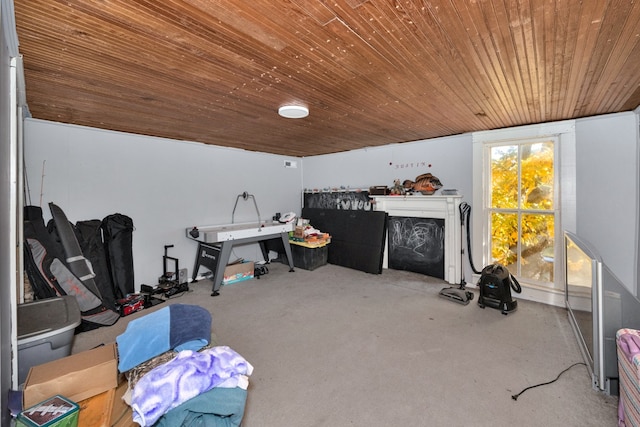 miscellaneous room with carpet and wood ceiling