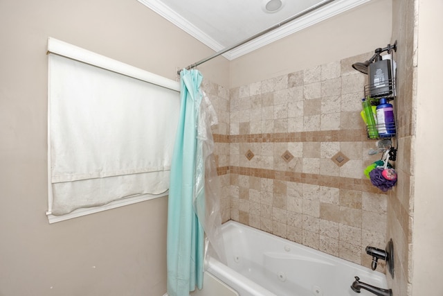 bathroom featuring crown molding and shower / bathtub combination with curtain