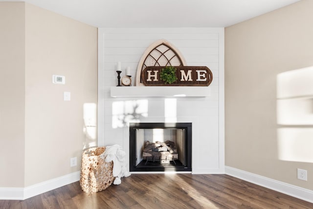 interior details with a multi sided fireplace and hardwood / wood-style floors