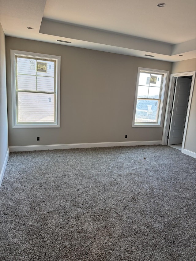 spare room featuring a tray ceiling and carpet