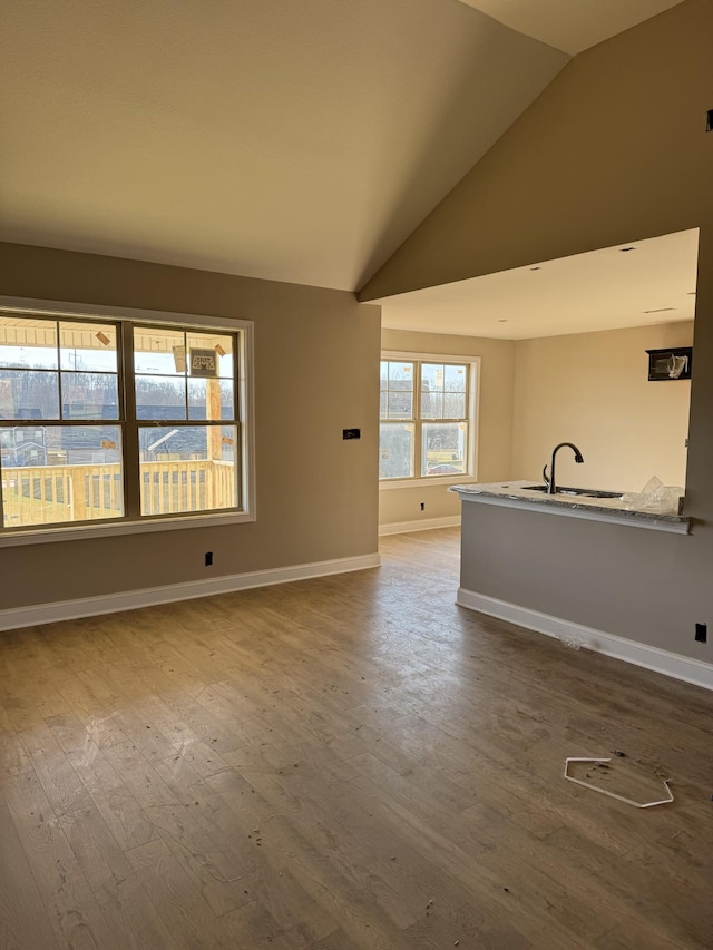 unfurnished room featuring vaulted ceiling, sink, and hardwood / wood-style floors