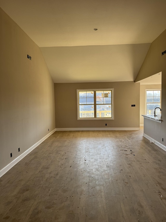 empty room featuring wood-type flooring and vaulted ceiling