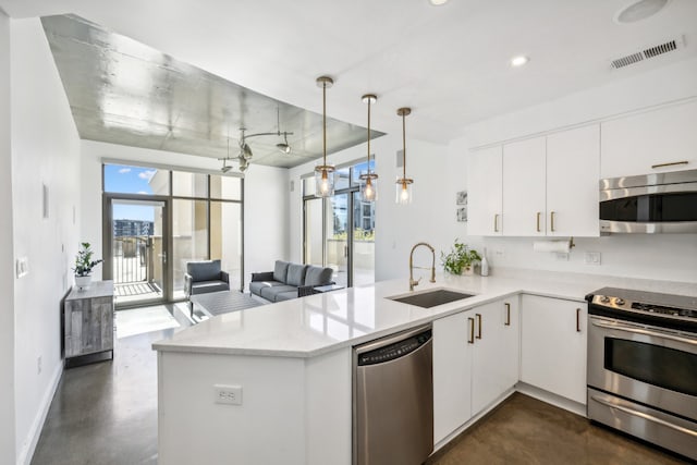 kitchen with sink, kitchen peninsula, stainless steel appliances, and a healthy amount of sunlight