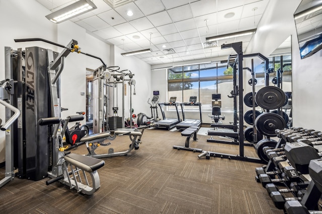 gym with a drop ceiling and carpet floors