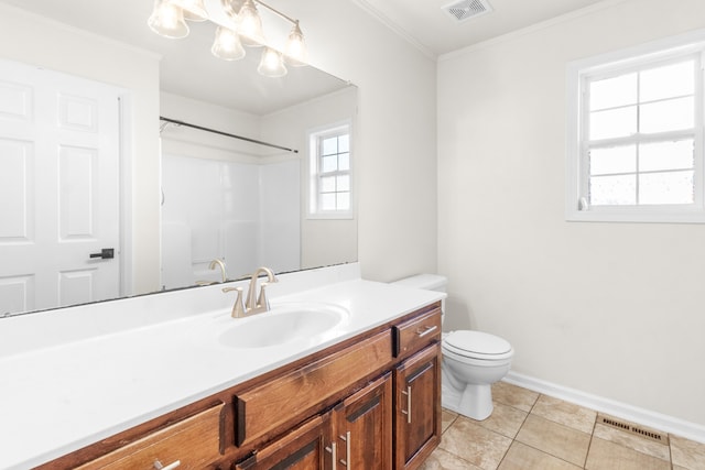 bathroom featuring vanity, a shower, tile patterned floors, toilet, and ornamental molding