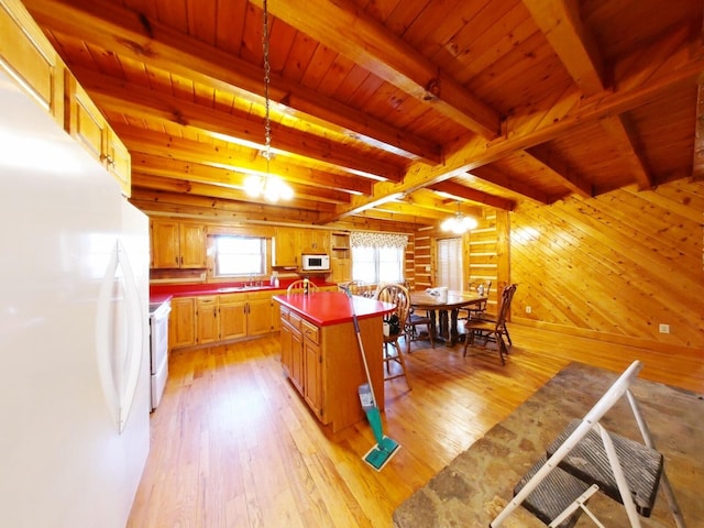 kitchen featuring wooden ceiling, light wood-type flooring, wood walls, a center island, and white appliances