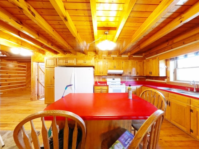 dining area with light hardwood / wood-style floors, wood ceiling, beam ceiling, and sink