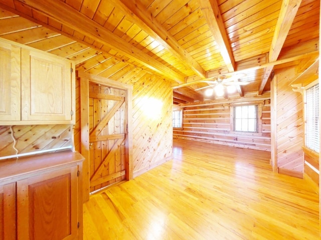 bonus room featuring wood ceiling, wood walls, beam ceiling, and light hardwood / wood-style flooring