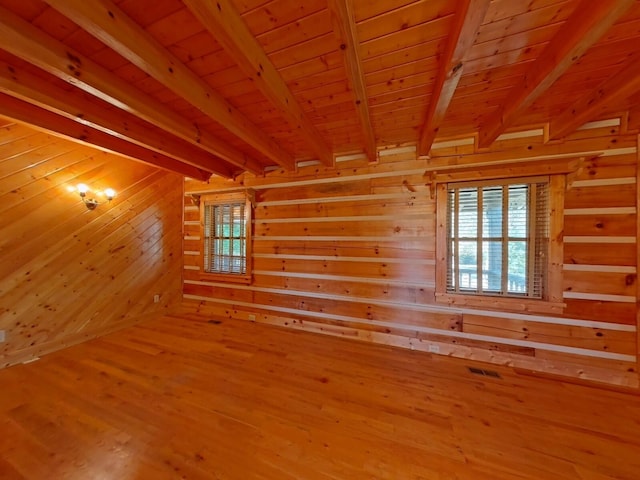 spare room featuring a wealth of natural light, wooden walls, hardwood / wood-style floors, and wooden ceiling