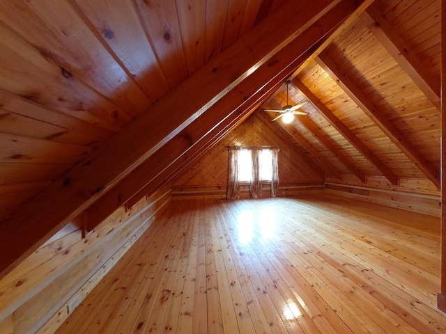 bonus room with ceiling fan, wooden ceiling, vaulted ceiling with beams, wood walls, and light hardwood / wood-style floors