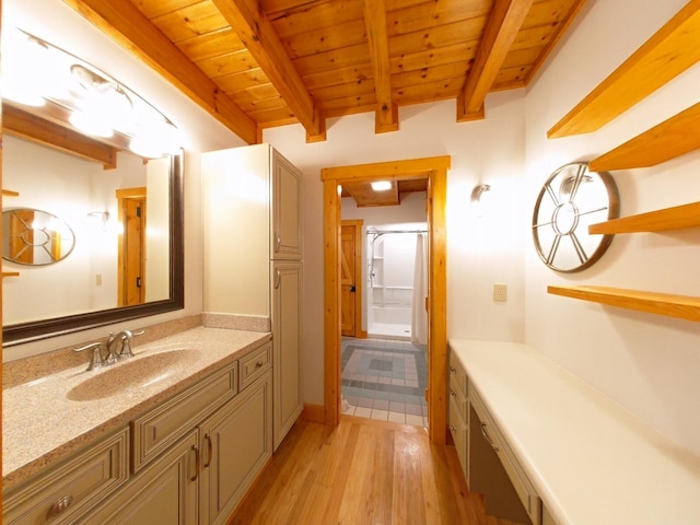 bathroom featuring vanity, beam ceiling, wooden ceiling, and wood-type flooring